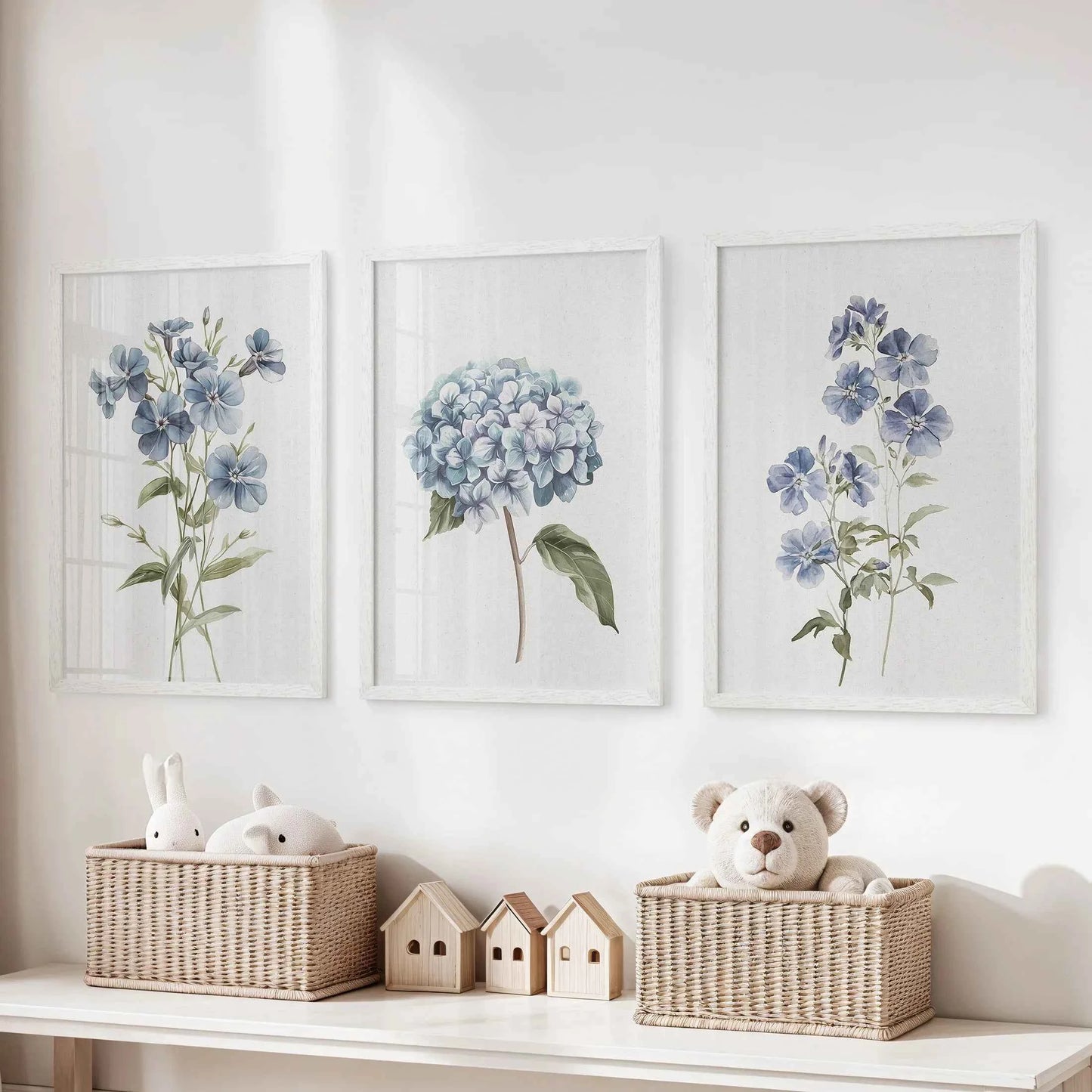 Blue Hydrangea Flower Wall Art. Floral Set of 3 Prints