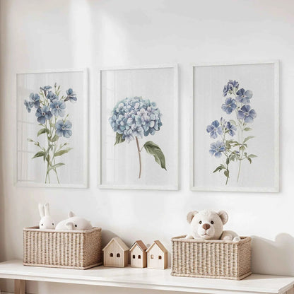 Blue Hydrangea Flower Wall Art. Floral Set of 3 Prints