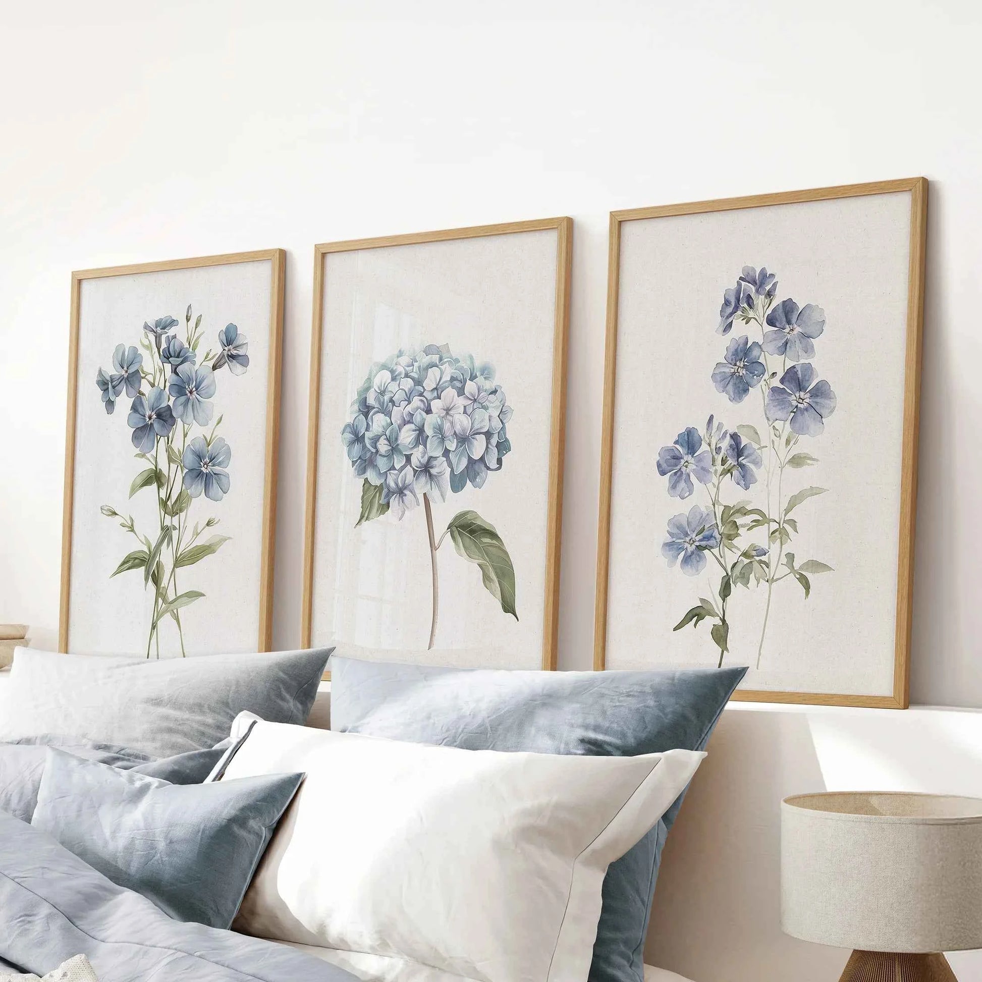 Blue Hydrangea Flower Wall Art. Floral Set of 3 Prints
