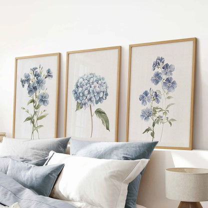 Blue Hydrangea Flower Wall Art. Floral Set of 3 Prints