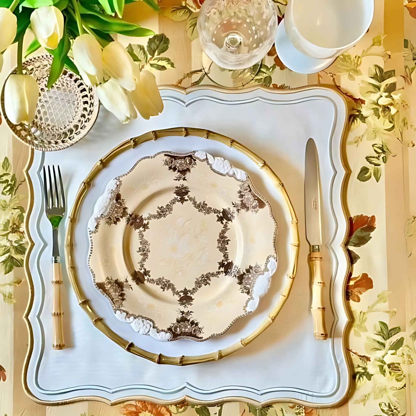 SHIMMER IVORY GOLD SILVER SQUARE FABRIC PLACEMAT