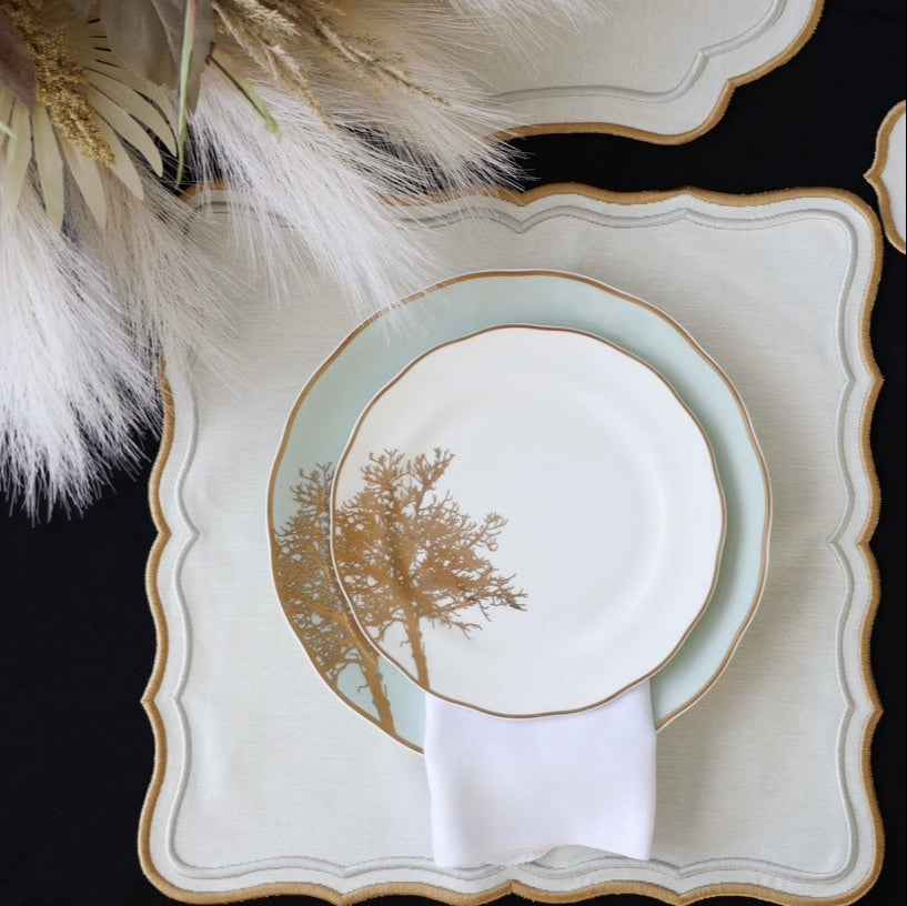 SHIMMER IVORY GOLD SILVER SQUARE FABRIC PLACEMAT